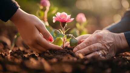 Hands of an adult and child gently planting a flower in fertile soil, symbolizing growth care. Environmental nurturing and educational concept. Design for Earth Day, gardening tutorial, environmental.