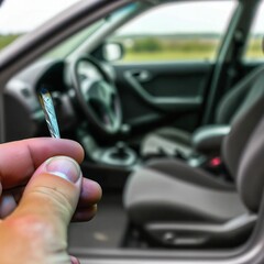 Driving while smoking cannabis joint. Marijuana. Legal regulation. Driving license regulation. Weed. Don&rsquo;t drive high. Observe limit value and abstinence breaks. Spliff. Generative AI