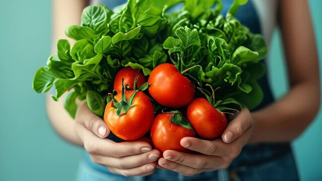 Female hands hold fresh natural vegetables against light blue background, copy space, banner. vegetarian and healthy eating concept