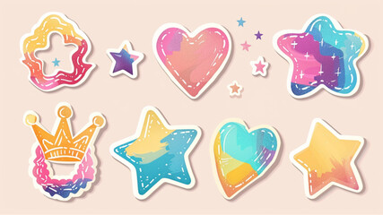 Grungy ripped paper sheet stickers in various shapes, including rectangle, heart, star and crown shape. Punk elements for sticker, collage, banner. Vector illustration