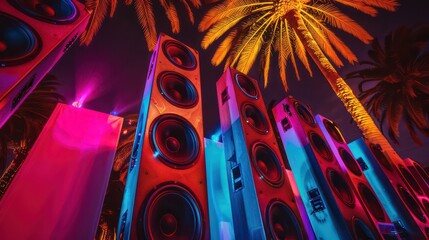 Low angle view of massive modern party speakers at a summer vacation dance party event with neon lights and palm trees