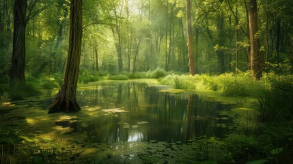 Peaceful forest and pond, spring or summer landscape