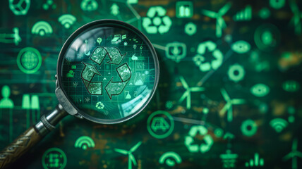 Environmental Scrutiny: A magnifying glass focuses on a CO2 icon set against a backdrop of eco-friendly symbols, highlighting the importance of analyzing carbon footprints and sustainability.