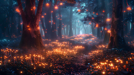 Gloomy fantasy forest scene at night with glowing lights, perfect for a mystical and enchanting atmosphere.