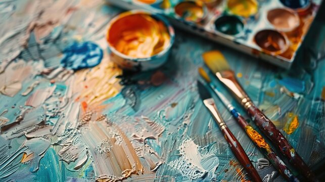 creativity of art class with a palette of paints, brushes, and canvases, inspiring artistic expression and imagination