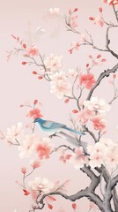 Chinese art wallpaper blossom flower plant.