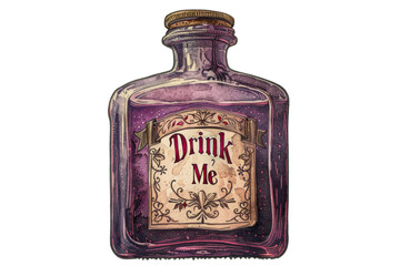 Vintage purple glass bottle with floral "Drink Me" label and cork stopper 