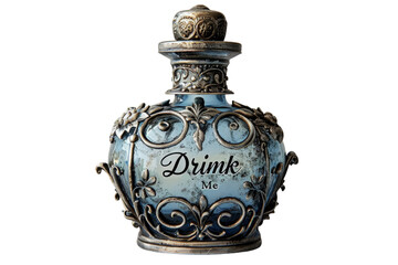 Vintage "Drink Me" potion bottle with intricate blue scrollwork isolated on transparent background. Fantasy and magic concept. Design for poster, banner, invitation