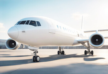 Obraz premium 'white blank mockup view airplane front clear stand 3d isolated rendering mokcup cockpit clean nose airliner template aerobus empty air model crew cabin airborne flight deck boing mock aeroplane'