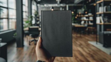 Blank black old book cover in hand for a professional and simple presentation. You can depict a blank white book cover held in your hand. The background is an office.