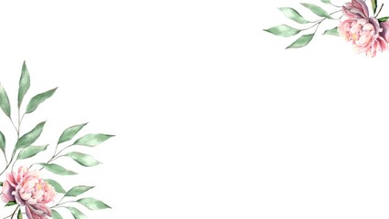 Watercolor leaves background and peonies flowers animation groing moving minimal decoration botanical ecological cosmetic wedding invitation spring summer plants