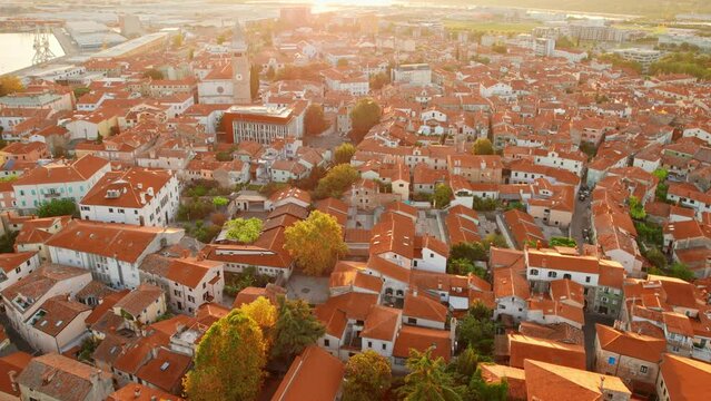 Skyline of the Koper town at sunrise, Adriatic sea coast of Slovenia