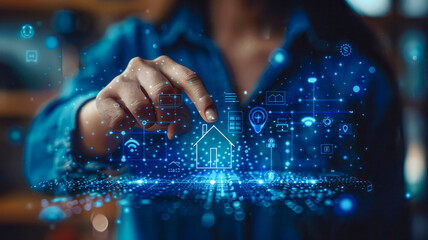 Smart Home Interface: Businesswoman in denim shirt uses a transparent digital interface, pointing at a house icon, indicating interaction with real estate or home automation systems.