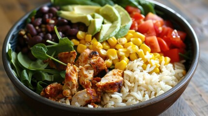 Indulge in a mouthwatering homemade Mexican chicken burrito bowl featuring a delightful mix of rice beans corn tomato avocado and spinach an irresistible taco salad lunch bowl awaits