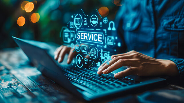 Service Tech Interface: Person in blue shirt uses a laptop with floating icons like a team symbol, wrench, and handshake, indicating management of customer service and professional services.