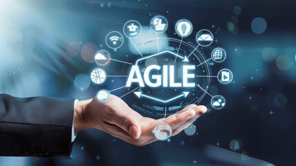 Agile Methodology Visualization: Businessperson with hand outstretched towards the camera, showcasing "AGILE" encircled by icons representing teamwork and innovation.