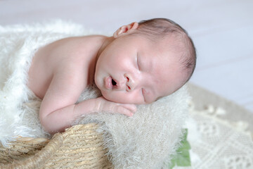 Newborn photo of an 18-day-old Taiwanese baby living in Taichung sleeping face down on the basket
台中に住む生後18日の台湾人の赤ちゃんがかごの上にうつ伏せで寝ているニューボーンフォト