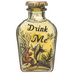 "Drink Me" potion bottle with yellow vintage sea life illustration isolated on transparent background. Nautical theme concept. Design for poster, banner, invitation.

