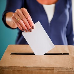 main d'une femme glissant un bulletin de vote dans une urne durant une élection en ia