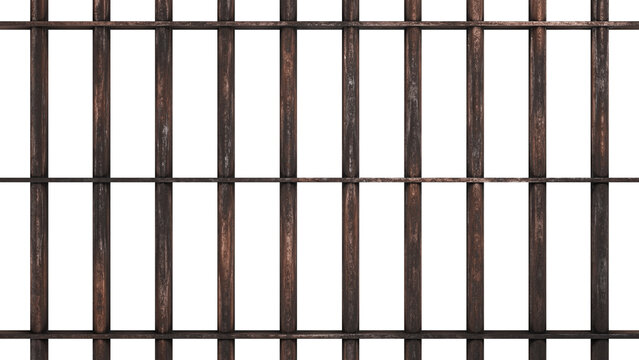 Old rusty metal prison bars. Isolated iron cage background. 3D rendering.