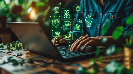 
Green Tech Interface: Person in denim uses a laptop with icons like a plant-light bulb, recycling symbol, and leafy house, emphasizing eco-friendly initiatives.