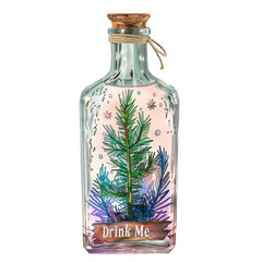 "Drink Me" potion bottle with winter botanical illustration isolated on transparent background. Seasonal holiday concept. Design for poster, banner, invitation.