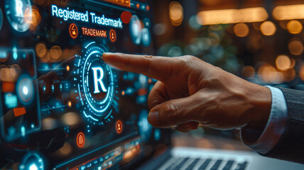 Intellectual Property Management: Business person interacts with a holographic "Registered Trademark" emblem, emphasizing the significance of branding and trademarks in a corporate setting.