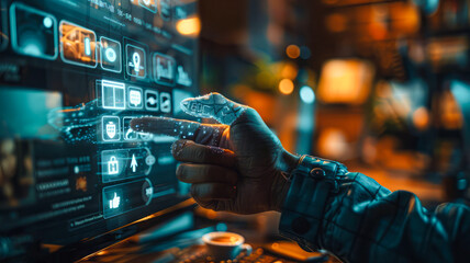 
Social Media Interaction: Person in blue shirt uses an interactive interface with digital icons for community, likes, messaging, and announcements, symbolizing dynamic online engagement.