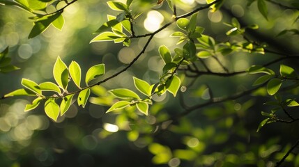 A detailed view of a tree branch covered with vibrant green leaves. The leaves are healthy and lush, showcasing the beauty of nature up close.