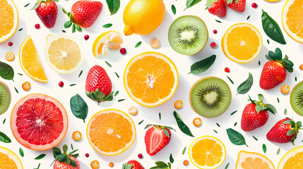 Seamless pattern background of Colorful Fresh Fruits bursting with colorful fresh fruits such oranges, lemons, strawberries, and watermelons