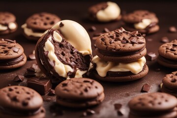 'tasty ice cream chocolate sandwich cookies background top view american biscuit brown cake closeup cold confectionery cookie crumbled delicious dessert eat favor food fresh glac? epicure homemade' - Powered by Adobe