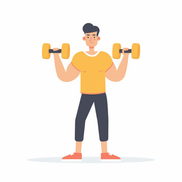 A flat vector illustration of a young man using dumbbell gym weights