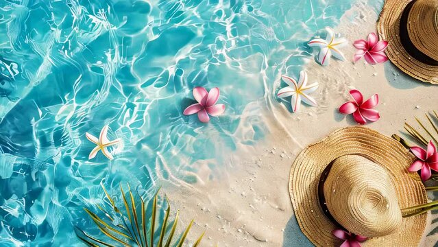 Tropical poolside scene with flowers, straw hat, and clear blue water, animated motion background