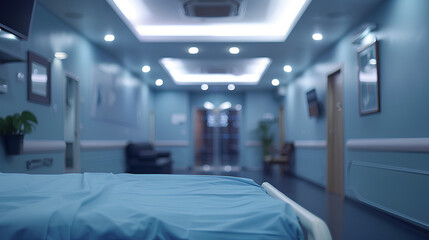 
Hospital bed in emergency room blurred background. Abstract blurred medical clinic interior
