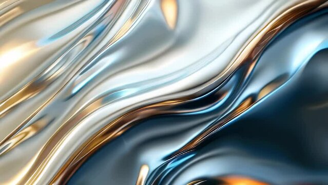Abstract liquid gold and silver wave pattern with reflection, animated motion background