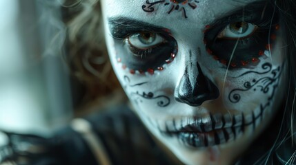 Portrait of a woman with dramatic skull makeup, her eyes piercing through the darkness, set against a shadowy background - obrazy, fototapety, plakaty