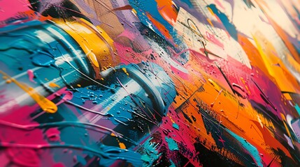 Panoramic view of a vibrant graffiti art process, with an artist focusing intensely on his spray cans against a textured urban backdrop - obrazy, fototapety, plakaty