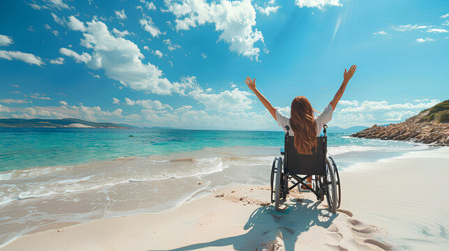 Happy disabled young woman in a wheelchair on the beach , beach accessibility and handicapped people holidays concept image - Powered by Adobe