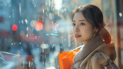 Sophisticated Asian woman with shopping bags over her shoulder, admiring a window display on a bright, sunny day in the city - obrazy, fototapety, plakaty