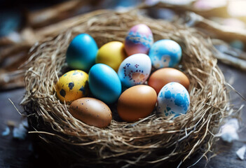 'Happy Easter eggs nest Background Food Wood Spring Green Color Celebration Holiday Feather Colorful Egg Rabbit Board Wooden Season Decoration Religion Tradition Eggshell TraditionalBackground Food'