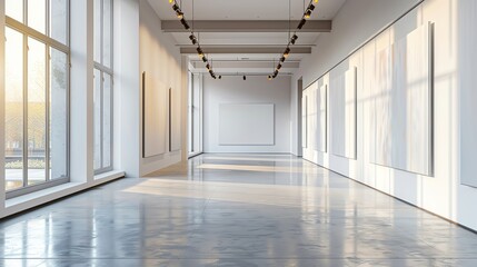 Spacious and airy minimalist gallery space with large mockup canvases on simple walls, bathed in diffused sunlight - obrazy, fototapety, plakaty