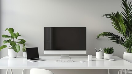 Fototapeta premium Stylish minimalist office space with a sleek desk setup, mockup computer screens, and subtle green plant accents