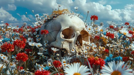 Surrealistic image of a skull partially buried under a carpet of vivid wildflowers, symbolizing life and death - obrazy, fototapety, plakaty