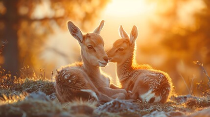 Tender scene of a baby chamois and a baby mountain goat nuzzling under a soft sunset, symbolizing friendship and love - obrazy, fototapety, plakaty
