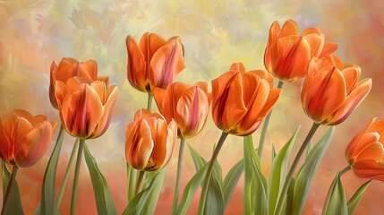Orange tulips stand out against the soft pastel backdrop