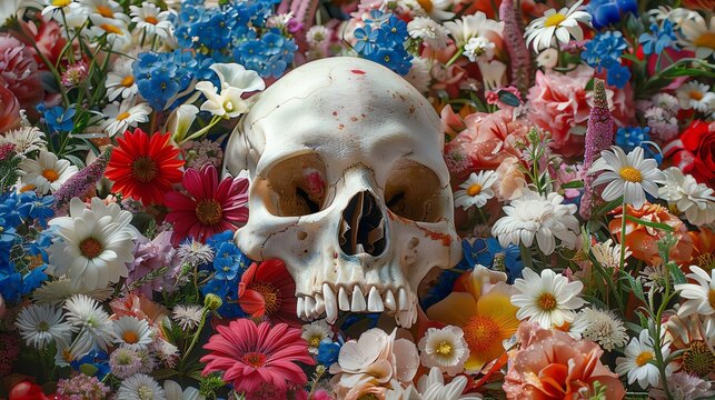 Surrealistic image of a skull partially buried under a carpet of vivid wildflowers, symbolizing life and death