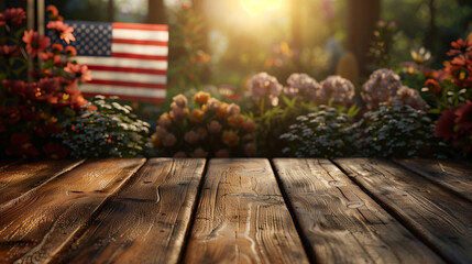 Empty wooden table top on Memorial day theme with American flags and colorful flowers background at sunset