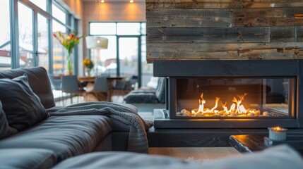 A traditional woodburning fireplace brings a rustic charm to the modern penthouse with a cozy seating area arranged in front for intimate gatherings. 2d flat cartoon.