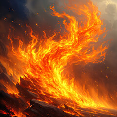 A dramatic scene of a large, fiery orange and yellow wildfire raging on a rocky hillside.