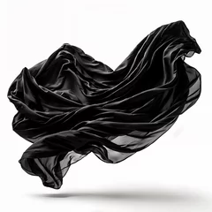 Fotobehang A black, flowing fabric that appears to be in motion, creating a dynamic and artistic scene against a white background. © Aleksei Solovev